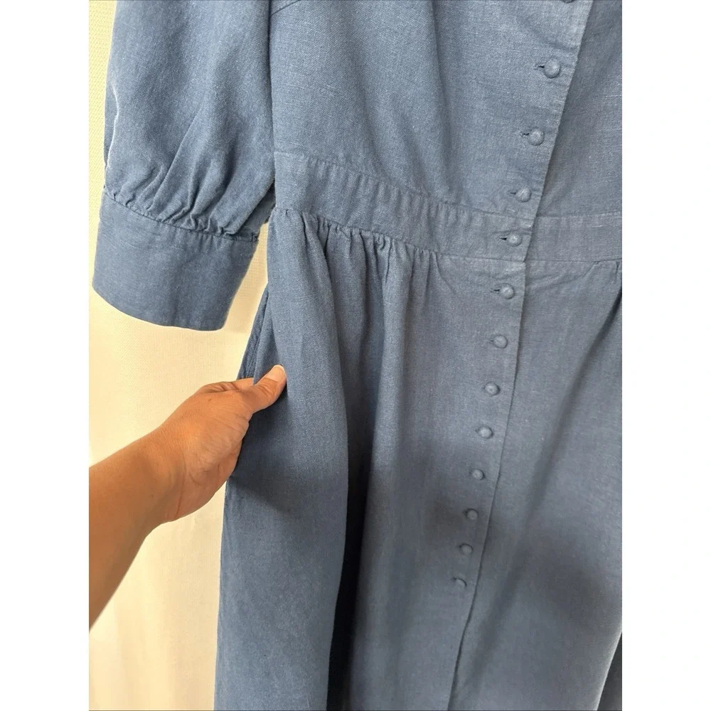 Gaala Paris Esther Midi Button Down Dress Sz 42 Blue Linen Cotton Blend Pockets